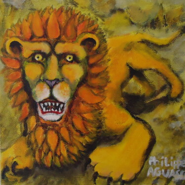 Painting titled "lion jaune" by Philippe Aguasca, Original Artwork, Acrylic Mounted on Wood Stretcher frame