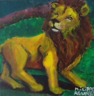 Painting titled "lion vert" by Philippe Aguasca, Original Artwork, Acrylic Mounted on Wood Stretcher frame
