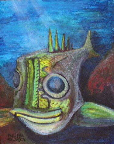 Painting titled "poisson curieux" by Philippe Aguasca, Original Artwork, Acrylic Mounted on Wood Stretcher frame