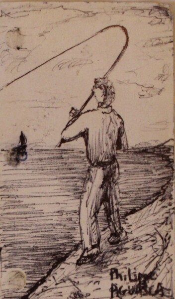Dessin intitulée "pêcheur en lac" par Philippe Aguasca, Œuvre d'art originale, Stylo à bille