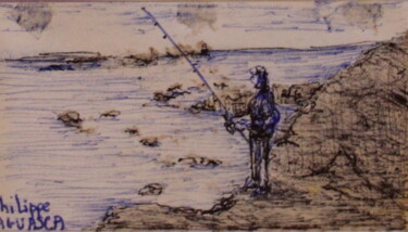 Disegno intitolato "pêcheur au coup du…" da Philippe Aguasca, Opera d'arte originale, Biro