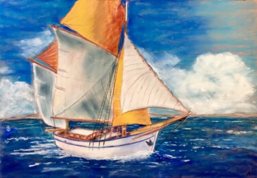 Dessin intitulée "Goelette en mer." par Philippe Allier, Œuvre d'art originale, Pastel