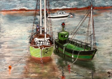 Drawing titled "Au port." by Philippe Allier, Original Artwork, Pastel