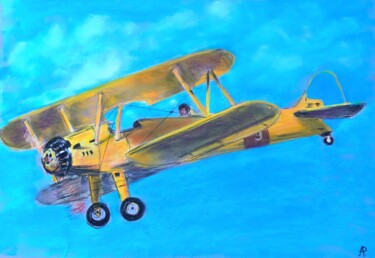 Dessin intitulée "Avion bi-plan ancien" par Philippe Allier, Œuvre d'art originale, Pastel