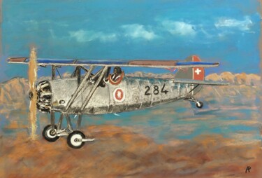 Drawing titled "Avion ancien en vol." by Philippe Allier, Original Artwork, Pastel