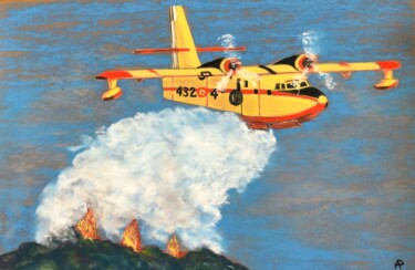 Tekening getiteld "Canadair au travail" door Philippe Allier, Origineel Kunstwerk, Pastel