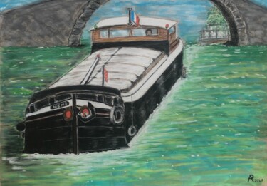 Dessin intitulée "La péniche descend…" par Philippe Allier, Œuvre d'art originale, Pastel