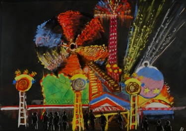 Tekening getiteld "A la fête foraine." door Philippe Allier, Origineel Kunstwerk, Pastel