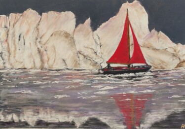 Dessin intitulée "Les voiles rouges." par Philippe Allier, Œuvre d'art originale, Pastel