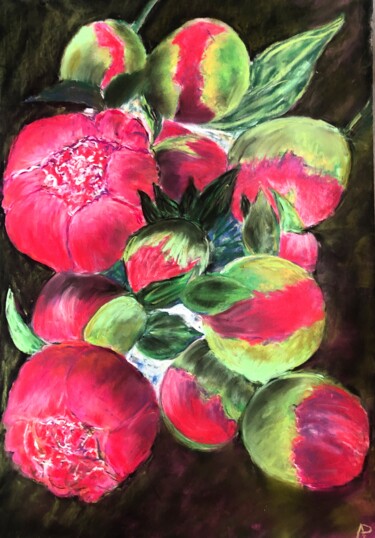 Drawing titled "Pivoines" by Philippe Allier, Original Artwork, Pastel