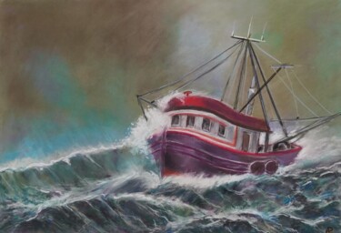 Dibujo titulada "Bateau dans la temp…" por Philippe Allier, Obra de arte original, Pastel