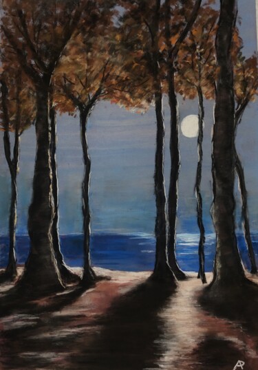 图画 标题为“Nuit de pleine lune.” 由Philippe Allier, 原创艺术品, 粉彩