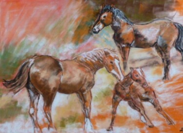 Drawing titled "Les chevaux" by Philippe Allier, Original Artwork, Pastel