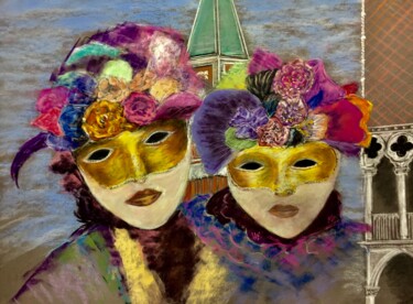 Dessin intitulée "Les masques de Veni…" par Philippe Allier, Œuvre d'art originale, Pastel