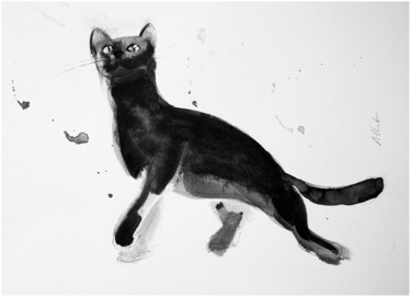 Drawing titled "Chat dynamique 0097" by Philippe Alliet, Original Artwork, Ink Mounted on Cardboard