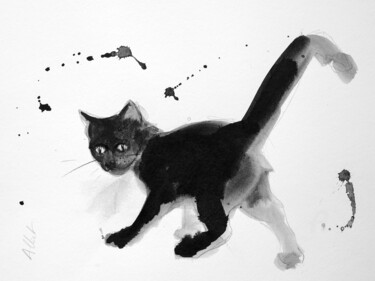 Drawing titled "Chat dynamique 006" by Philippe Alliet, Original Artwork, Ink