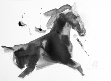 Drawing titled "Cheval rétif 006" by Philippe Alliet, Original Artwork, Ink Mounted on Cardboard
