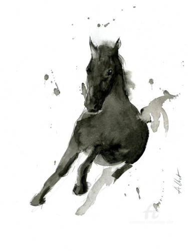 Drawing titled "Cheval rétif 007" by Philippe Alliet, Original Artwork, Ink Mounted on Cardboard