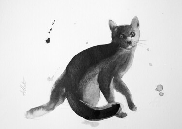 Drawing titled "Chat dynamique 015" by Philippe Alliet, Original Artwork, Ink