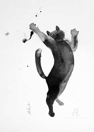 Dibujo titulada "Chat dynamique 016" por Philippe Alliet, Obra de arte original, Tinta Montado en Cartulina