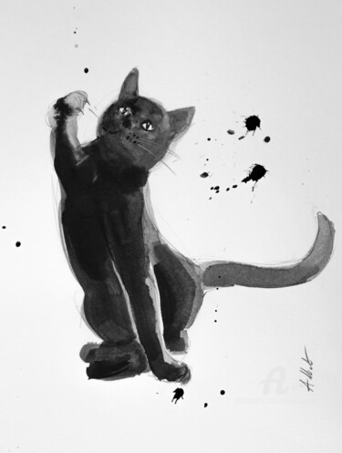 Drawing titled "Dynamic cat-Chat dy…" by Philippe Alliet, Original Artwork, Ink