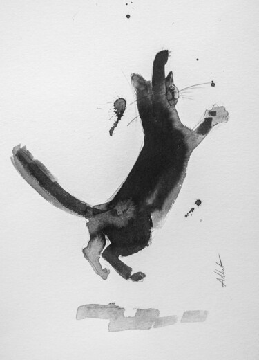 Drawing titled "Chat dynamique 0019" by Philippe Alliet, Original Artwork, Ink