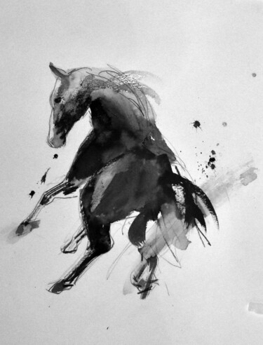 Drawing titled "Cheval rétif 014" by Philippe Alliet, Original Artwork, Ink Mounted on Cardboard