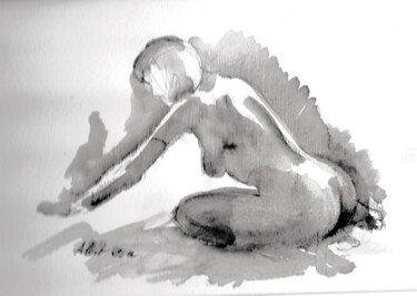 Drawing titled "Femme assise à geno…" by Philippe Alliet, Original Artwork, Ink Mounted on Cardboard