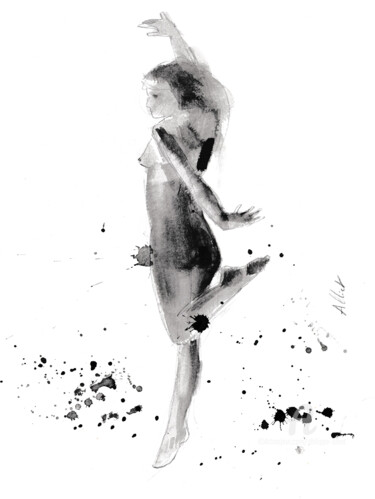 Drawing titled "Dancing nude 006" by Philippe Alliet, Original Artwork, Ink Mounted on Cardboard