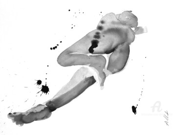 Dessin intitulée "Nu couché, jambe le…" par Philippe Alliet, Œuvre d'art originale, Encre Monté sur Carton