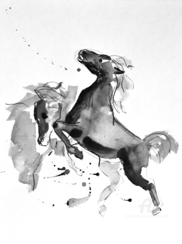 Drawing titled "Chevaux se battant…" by Philippe Alliet, Original Artwork, Ink Mounted on Cardboard