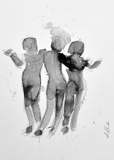 Drawing titled "Trois grâces" by Philippe Alliet, Original Artwork, Ink Mounted on Cardboard