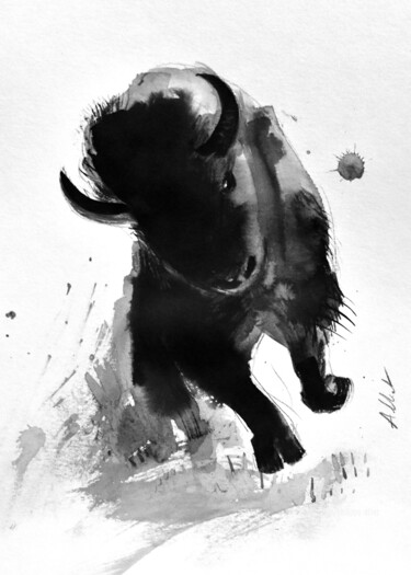 Drawing titled "Bison" by Philippe Alliet, Original Artwork, Ink