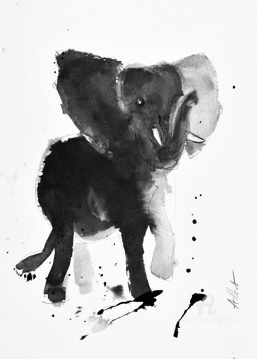 Drawing titled "Eléphant" by Philippe Alliet, Original Artwork, Ink