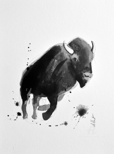Drawing titled "Le bison 02" by Philippe Alliet, Original Artwork, Ink Mounted on Cardboard