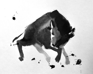 Drawing titled "Buffalo" by Philippe Alliet, Original Artwork, Ink Mounted on Cardboard