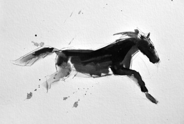 Drawing titled "Cheval rétif 016" by Philippe Alliet, Original Artwork, Ink Mounted on Cardboard