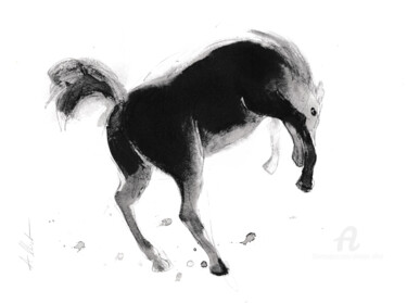 Dessin intitulée "Cheval rétif 020" par Philippe Alliet, Œuvre d'art originale, Encre Monté sur Carton