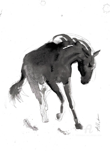 Drawing titled "Cheval rétif 021" by Philippe Alliet, Original Artwork, Ink Mounted on Cardboard