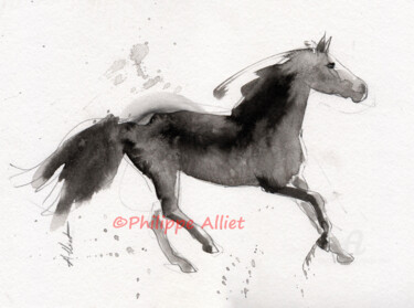 Drawing titled "Cheval rétif 022" by Philippe Alliet, Original Artwork, Ink Mounted on Cardboard