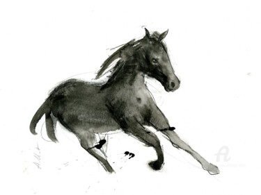Drawing titled "Cheval rétif 024" by Philippe Alliet, Original Artwork, Ink Mounted on Cardboard