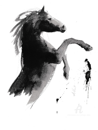 Drawing titled "Cheval rétif 026 (w…" by Philippe Alliet, Original Artwork, Ink Mounted on Cardboard