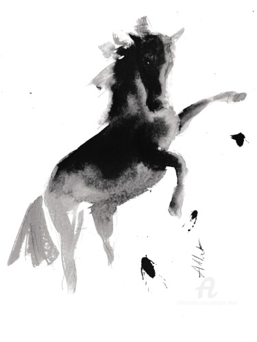 Drawing titled "Cheval rétif 028" by Philippe Alliet, Original Artwork, Ink Mounted on Cardboard