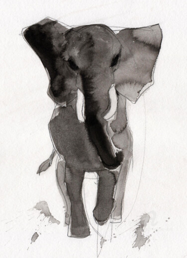 Drawing titled "Eléphant 004" by Philippe Alliet, Original Artwork, Ink