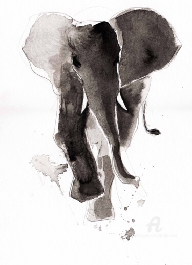 제목이 "Eléphant 005"인 그림 Philippe Alliet로, 원작, 잉크 판지에 장착됨