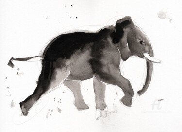 Drawing titled "Eléphant 007" by Philippe Alliet, Original Artwork, Ink Mounted on Cardboard