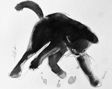 Drawing titled "Chat dynamique 0059" by Philippe Alliet, Original Artwork, Ink