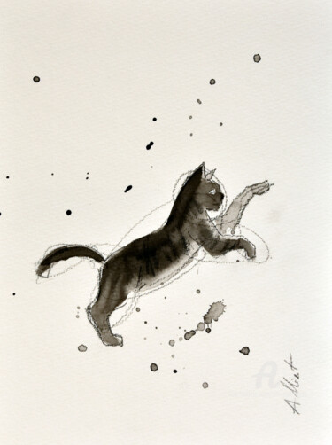 Drawing titled "Chat dynamique 0068" by Philippe Alliet, Original Artwork, Ink
