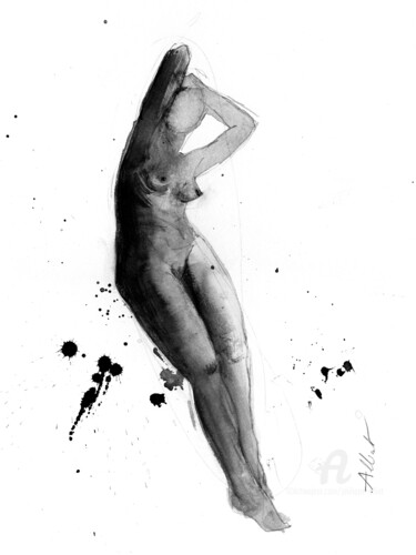 Рисунок под названием "Nu adossé" - Philippe Alliet, Подлинное произведение искусства, Чернила Установлен на картон