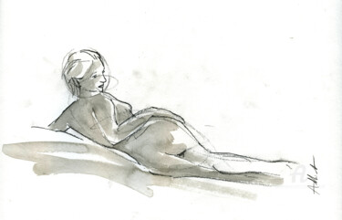 Drawing titled "Recline nude-2019" by Philippe Alliet, Original Artwork, Conté Mounted on Cardboard